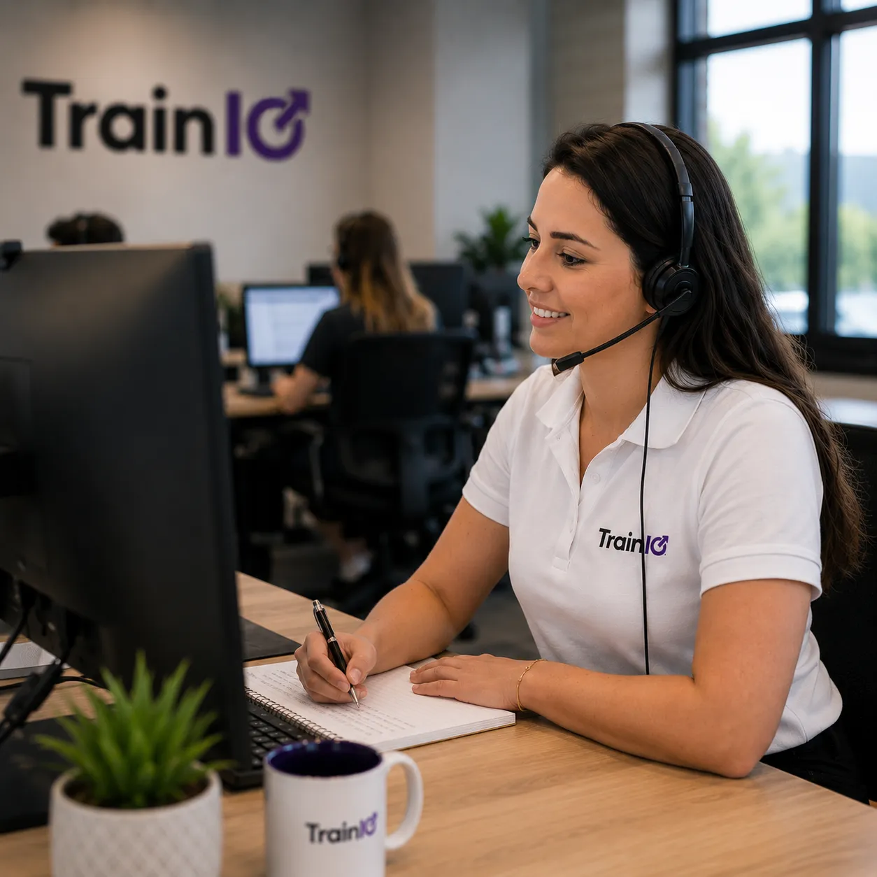 Préposée au service clientèle de Train IQ avec un casque de téléphone sur la tête dans un appel conférence pou assisté un client Train IQ