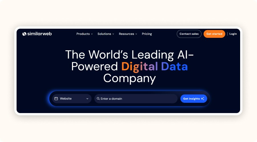 SimilarWeb homepage showing web performance insights with the headline “The world’s leading digital data platform powered by AI.”