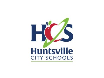 Huntsville City Schools logo with a red apple and green orbit design above the text “HCS Huntsville City Schools.”