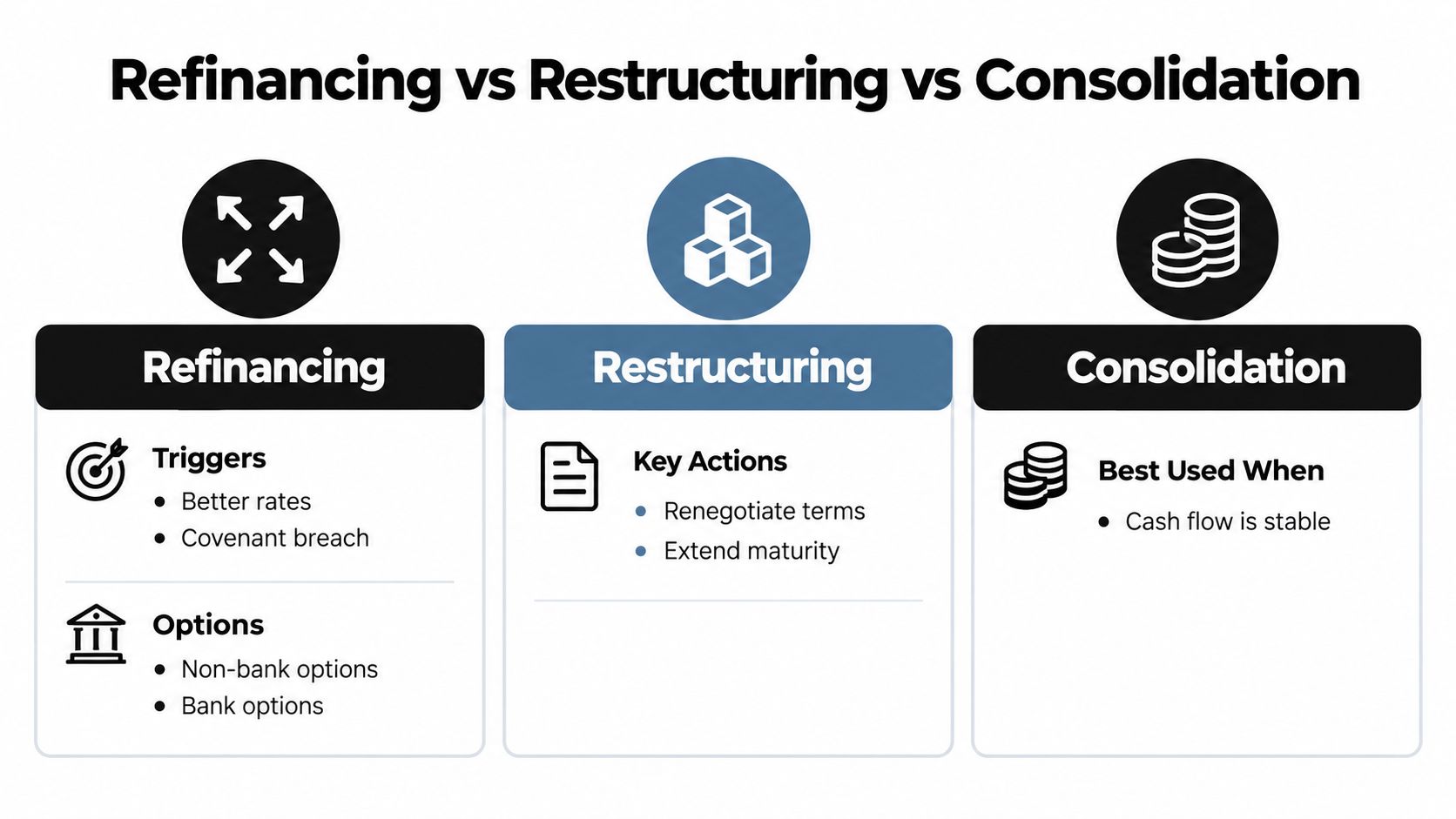 A comparison chart outlining the key differences between debt refinancing, restructuring, and consolidation strategies for business finance.