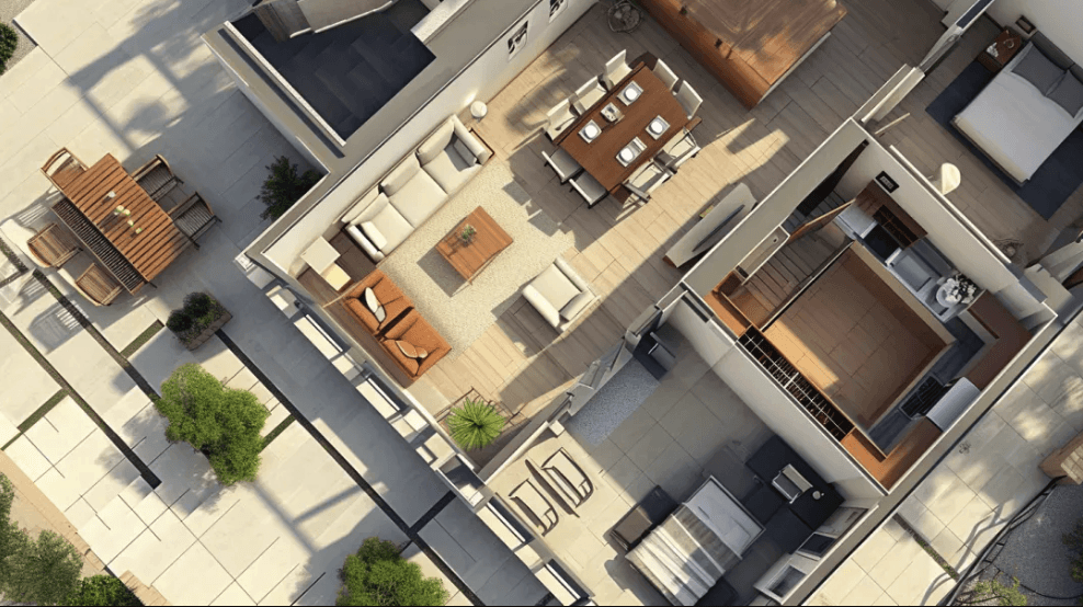 3D floor plan visualization showing furnished apartment layout with kitchen, living area, bedrooms, and terrace from above