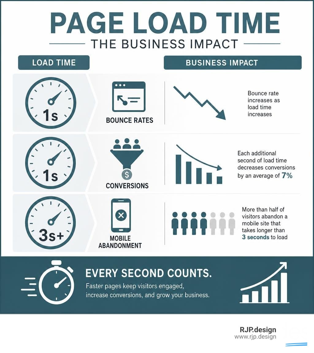Infographic showing business impact of page load time on bounce rates, conversions, and mobile abandonment infographic
