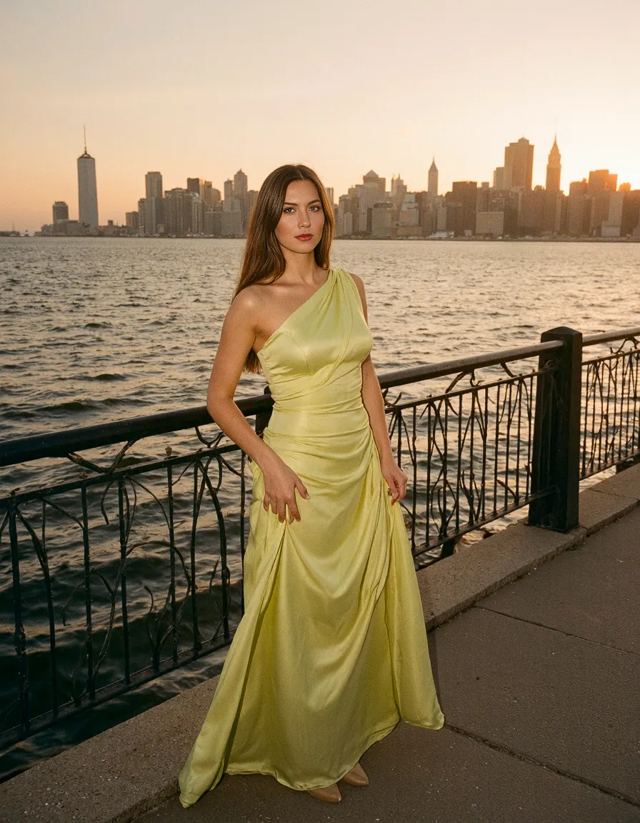 Elegant one-shoulder lime gown against New York City skyline at sunset, waterfront fashion portrait with golden light