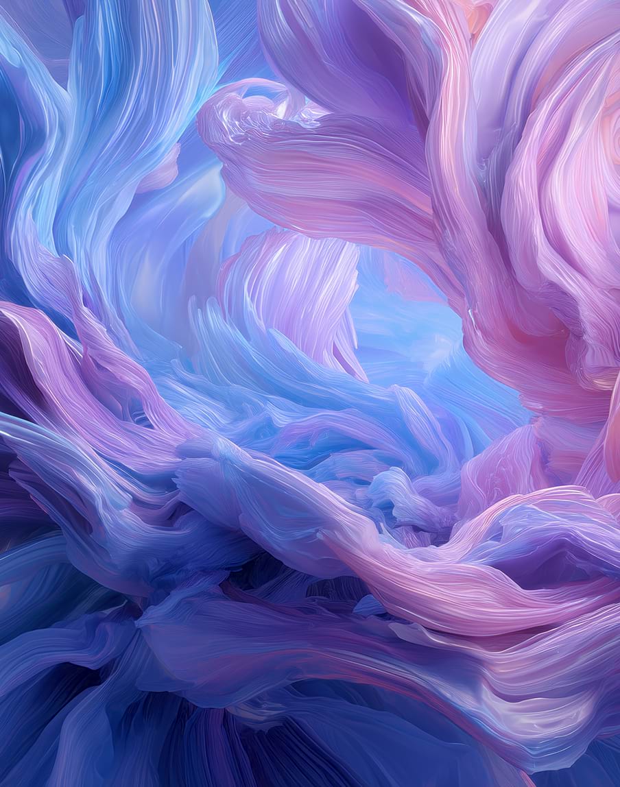 Abstract image with swirling pastel waves of pink, purple, and blue, creating a soft, dreamy feel with flowing, textured brushstrokes.
