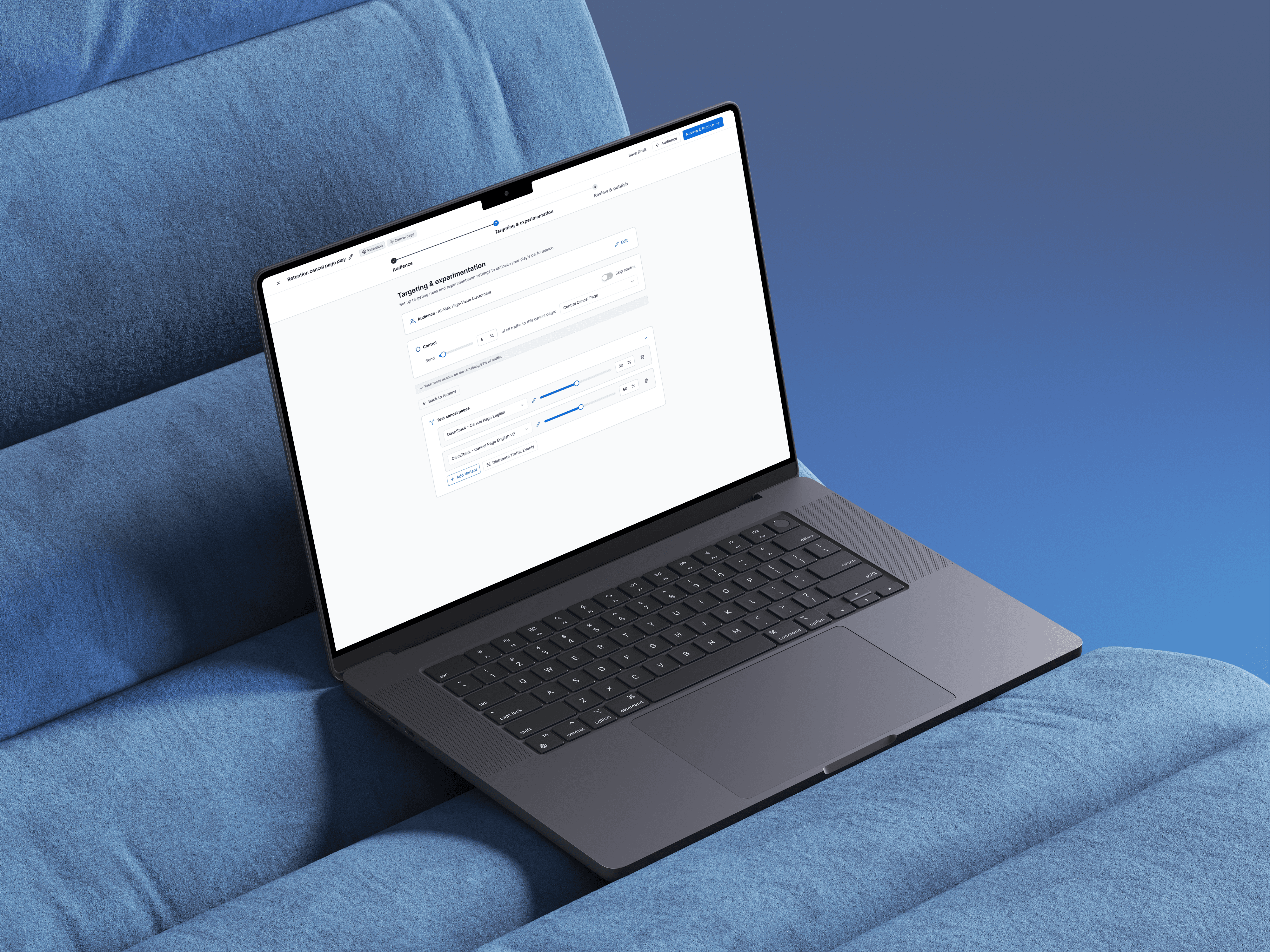 Chargebee Lifecycle Plays mockup on a laptop with a blue background