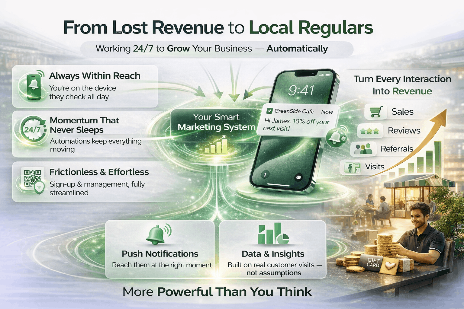 Smart loyalty marketing system with push notifications, customer insights, and verified visit data driving repeat business and increased engagement.