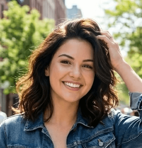 لقطة متوسطة لامرأة شابة مبتهجة ذات شعر داكن ومموج يصل إلى الكتف، تضحك بينما تمشي في شارع مدينة مضاء بأشعة الشمس. ترتدي سترة دنيم كلاسيكية بمتوسط الغسل مع الأكمام مرفوعة فوق قميص أبيض ذو ياقة V وجينز أزرق داكن. ترتاح يد واحدة في شعرها، ويُظهر الخلفية حيًا حضريًا مزدحمًا مع مبانٍ من الطوب ومارة ضبابيين تحت ضوء النهار الطبيعي الساطع.