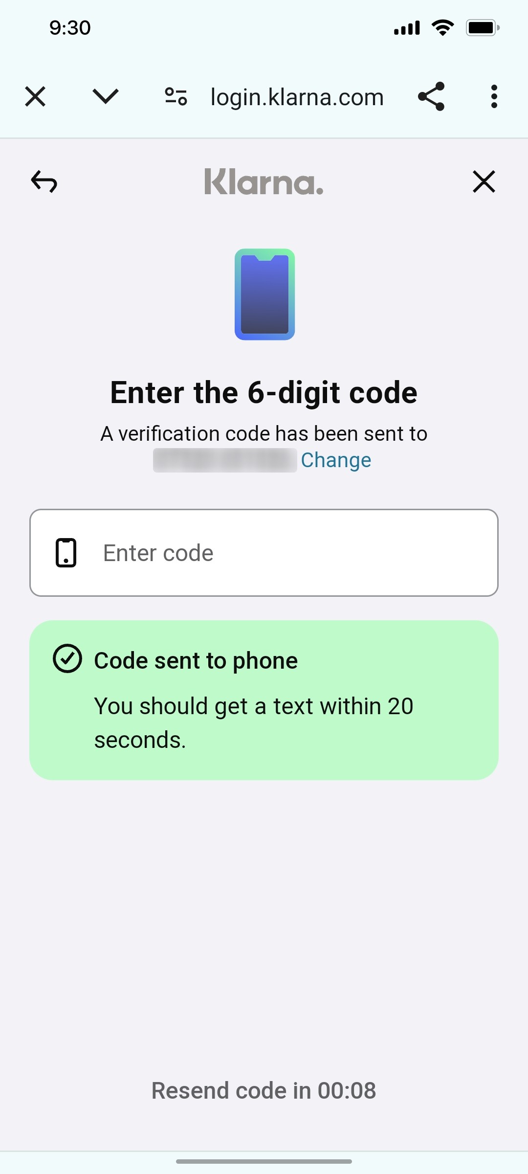 Klarna Enter Code 1 Screen