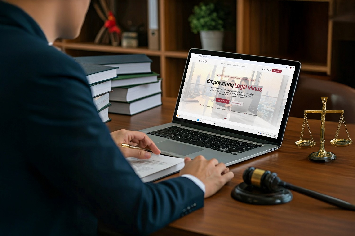 Composite image of a man using laitron on his laptop