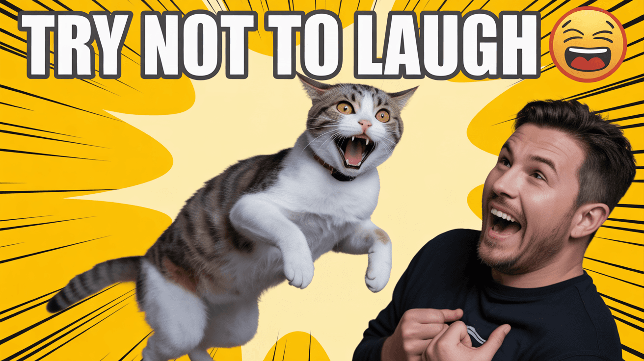 Cat mid-jump with shocked face on yellow burst background and Try Not to Laugh text