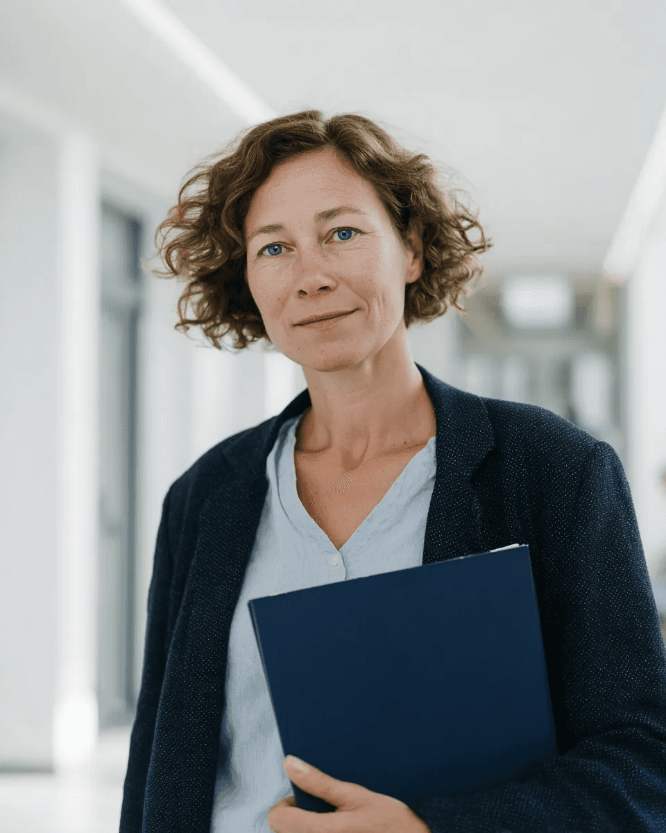 Woman with short curly hair wearing a dark blazer and light blouse, holding a navy folder in a bright hallway.