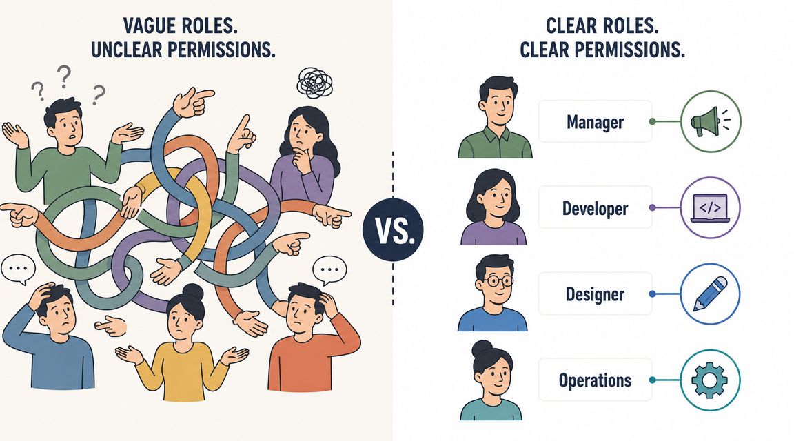 A split screen illustration comparing confused team members with vague roles to a well-organized team with defined roles.