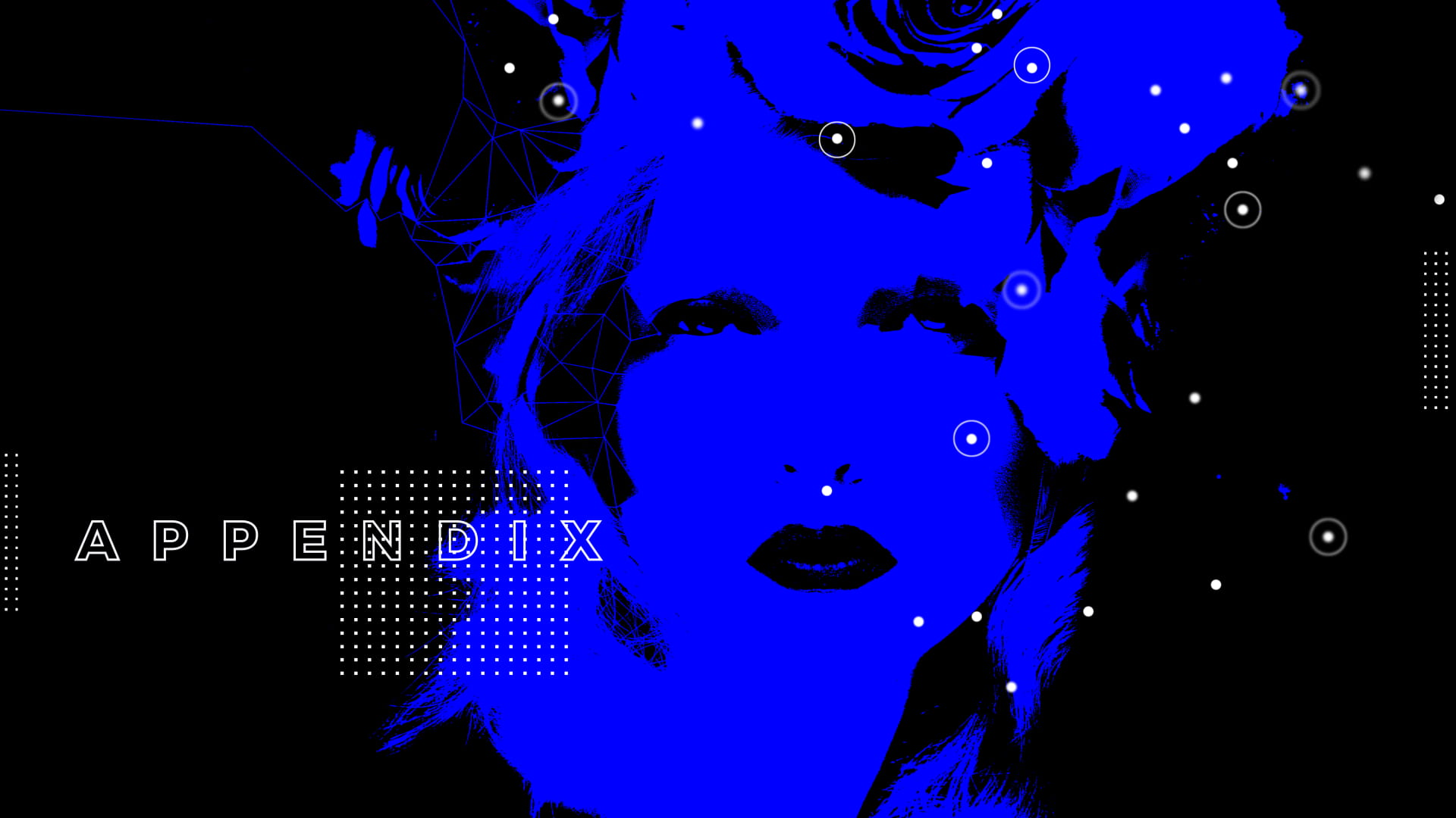 Appendix section divider featuring bold blue pop art style portrait of woman with rose in hair, geometric network overlay, floating particle effects, and outlined "APPENDIX" typography on black background matching Limitless pitch deck visual identity