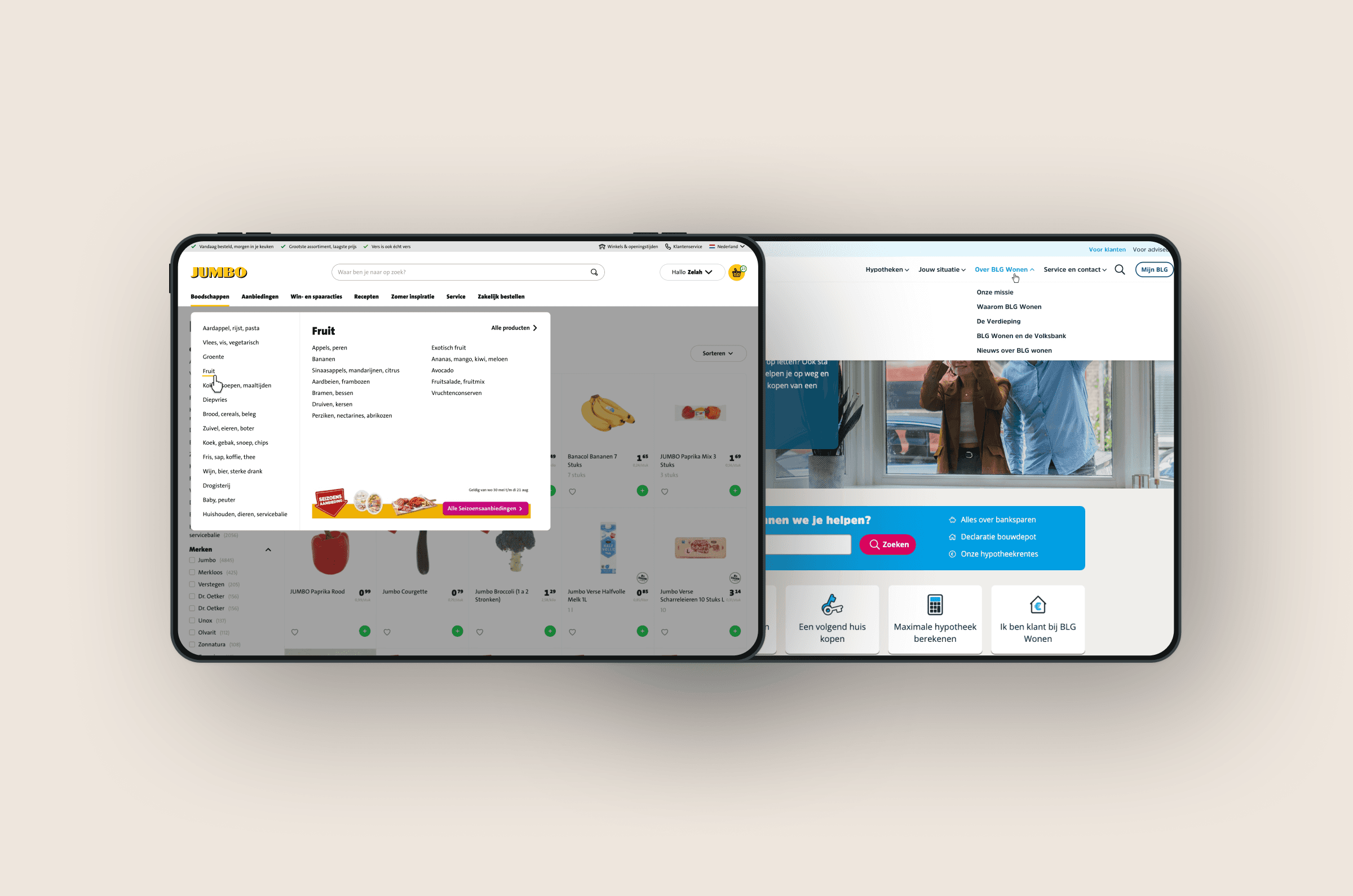 Mockups of concept for mega menu jumbo and volksbank