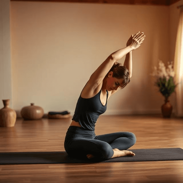 A woman in a charcoal yoga set performs a seated side stretch (Parsva Sukhasana) on a mat, reaching hands together overhead. The bright, minimalist studio features wooden floors and earthy, artisanal ceramic vases. Natural light streams in from a window.