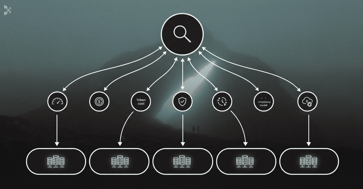 Decision-flow diagram showing latency, cost, compliance, temporal reasoning, and hosting criteria for memory layer