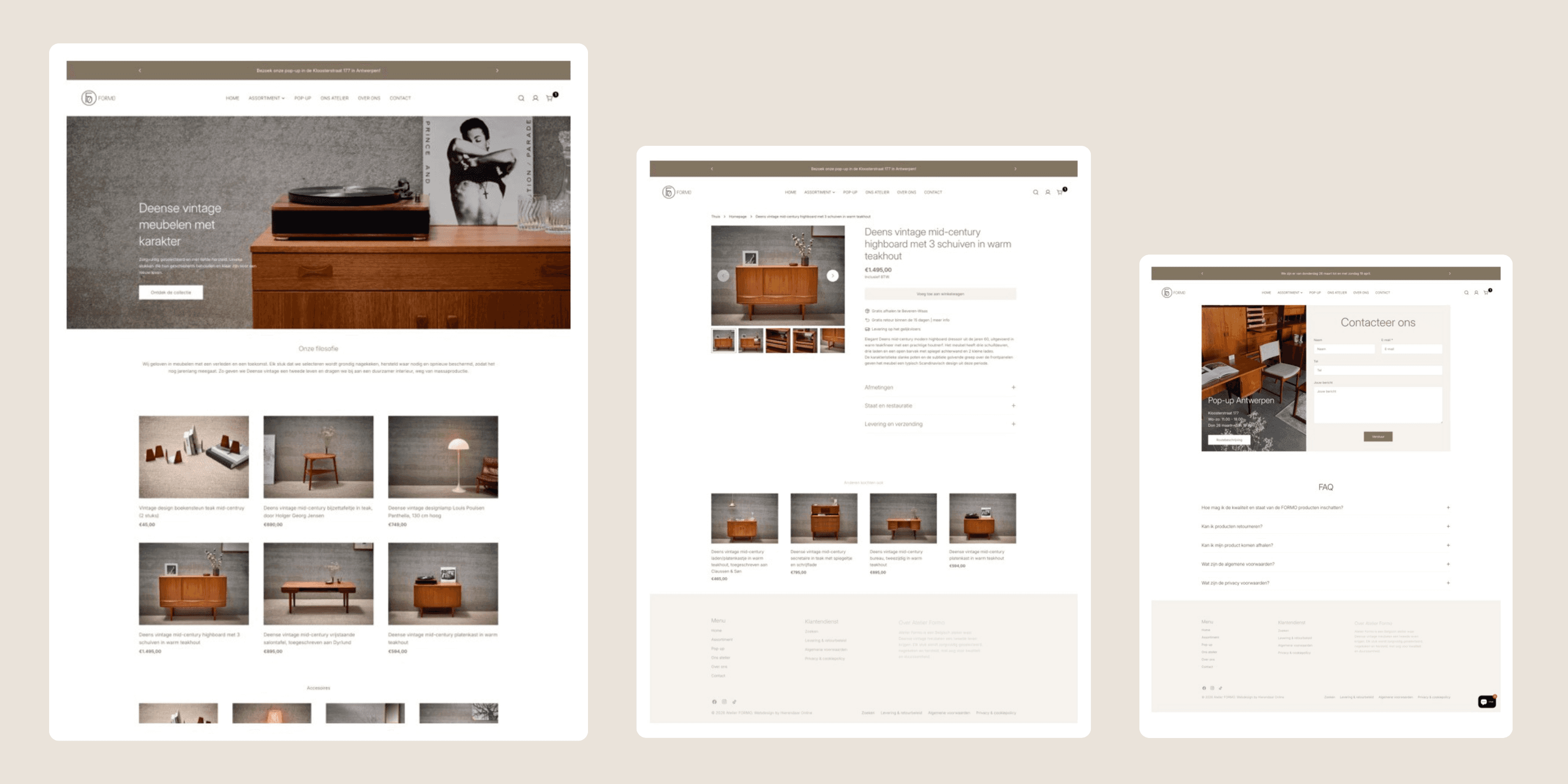 3 screenshots van de webshop van Atelier Formo