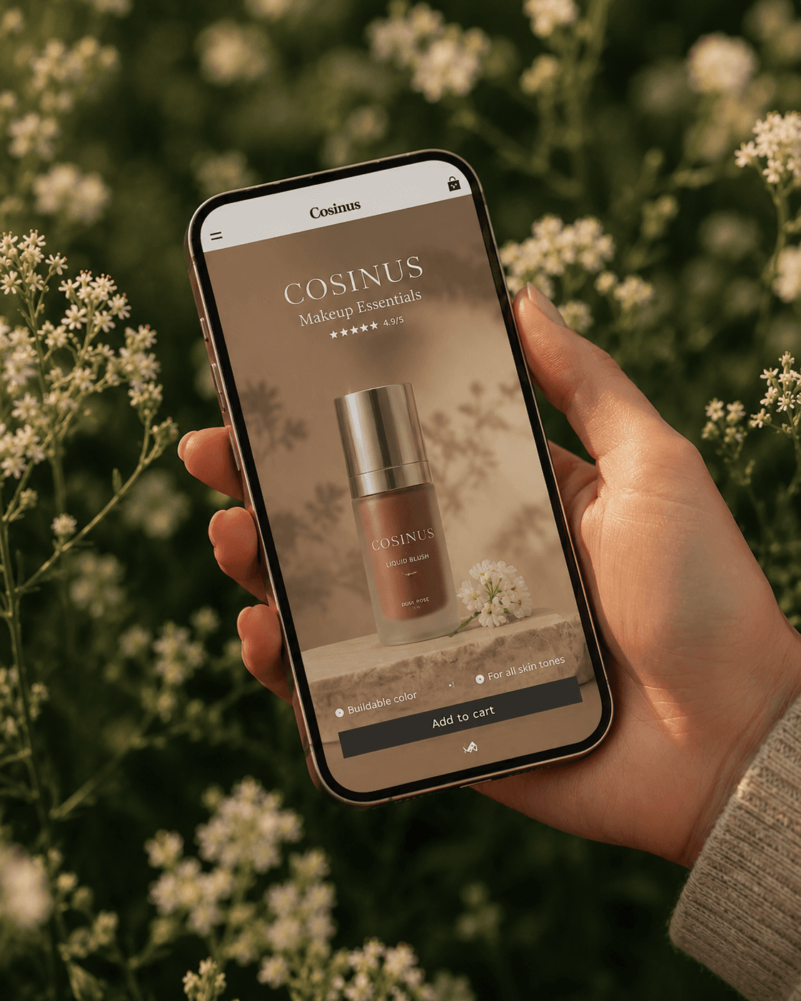Hand holding phone and displaying product image with SINOS branding.