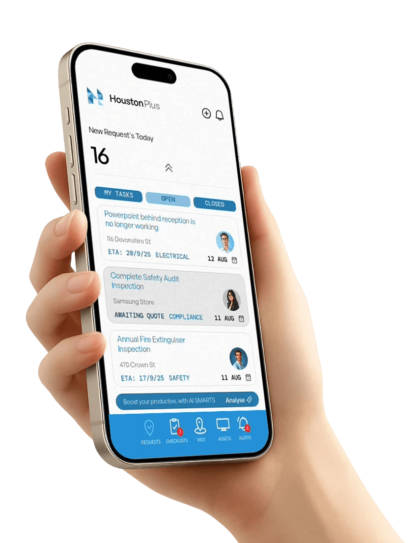 Image of a hand showing an iphone with the HoustonPlus app opened.