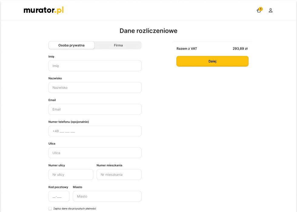 Mobile checkout screen for Murator featuring a "Billing Details" form with a toggle to switch between Private Person and Company profiles.