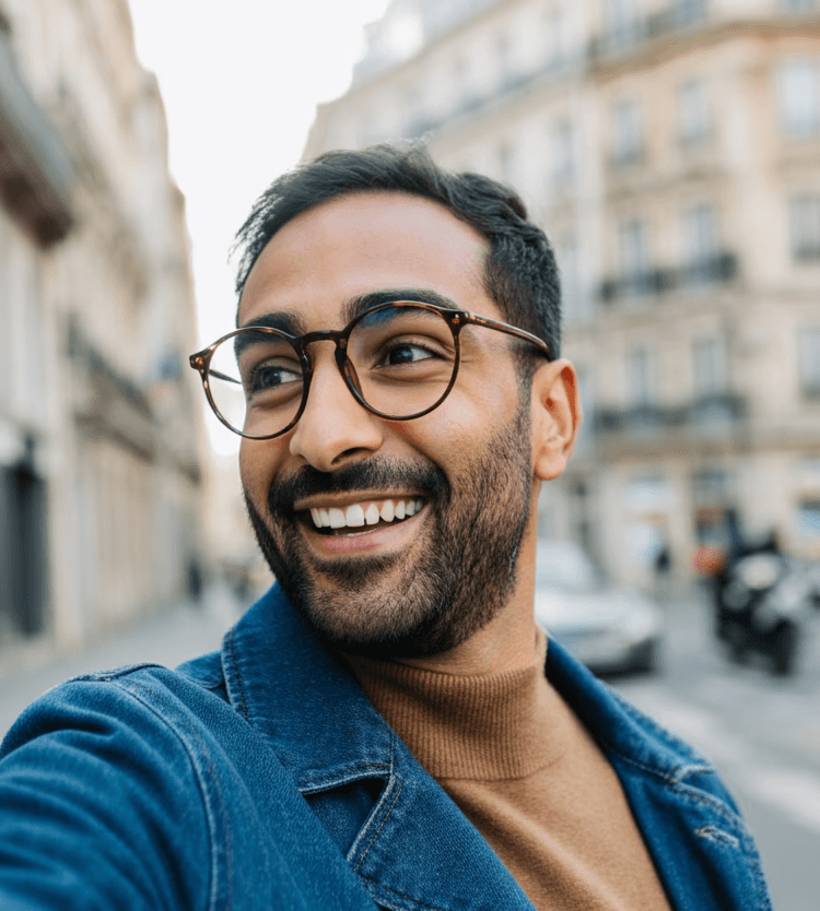Man with glasses smiling outdoors on a city street, denim jacket over brown sweater, buildings blurred.