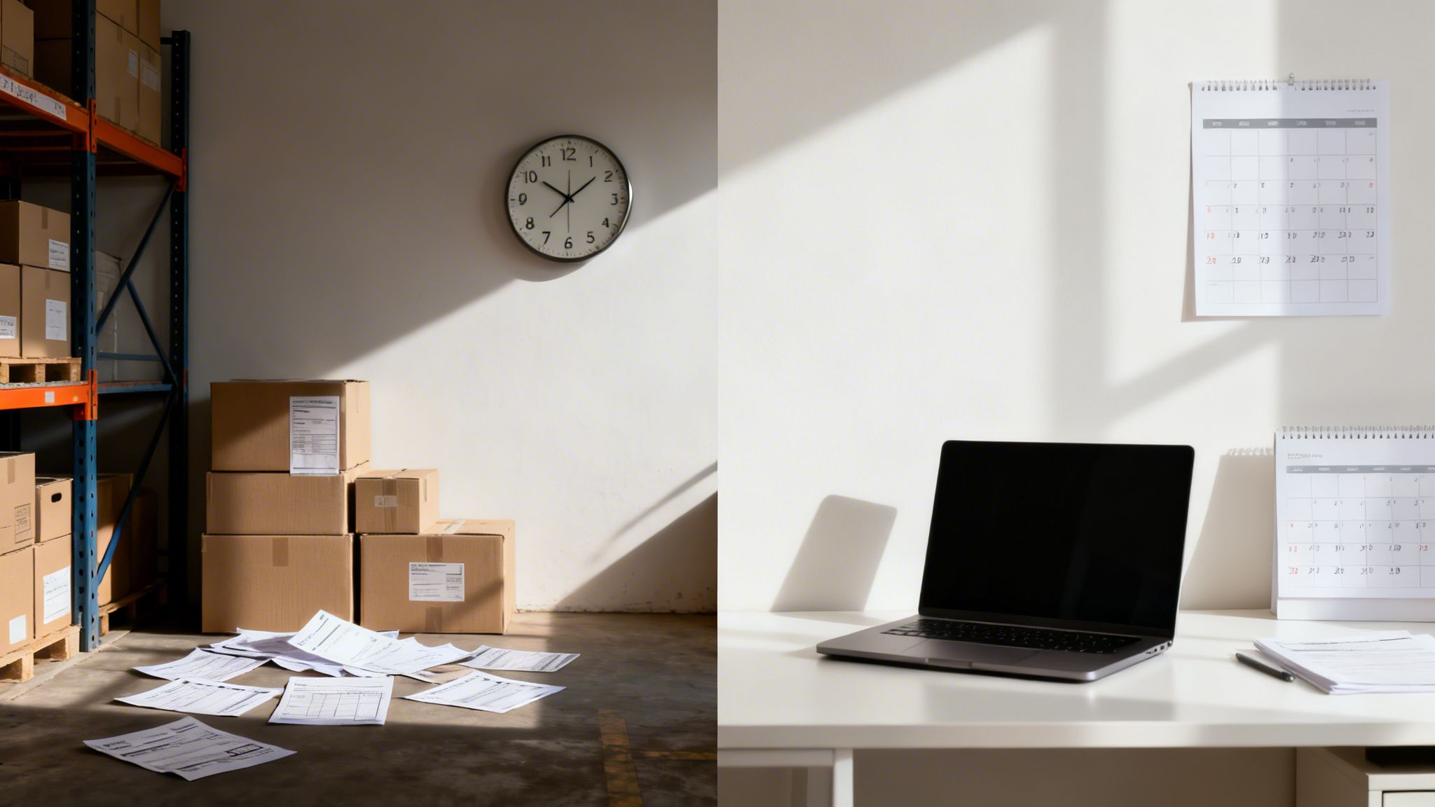 Kuva näyttää kontrastin järjestäytyneen työpisteen ja sotkuisen varaston välillä, korostaen erilaisia työympäristöjä.