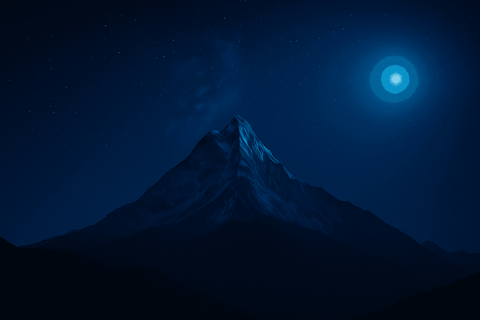 Silhouette of a mountain peak under a bright, glowing moon in a dark blue night sky.
