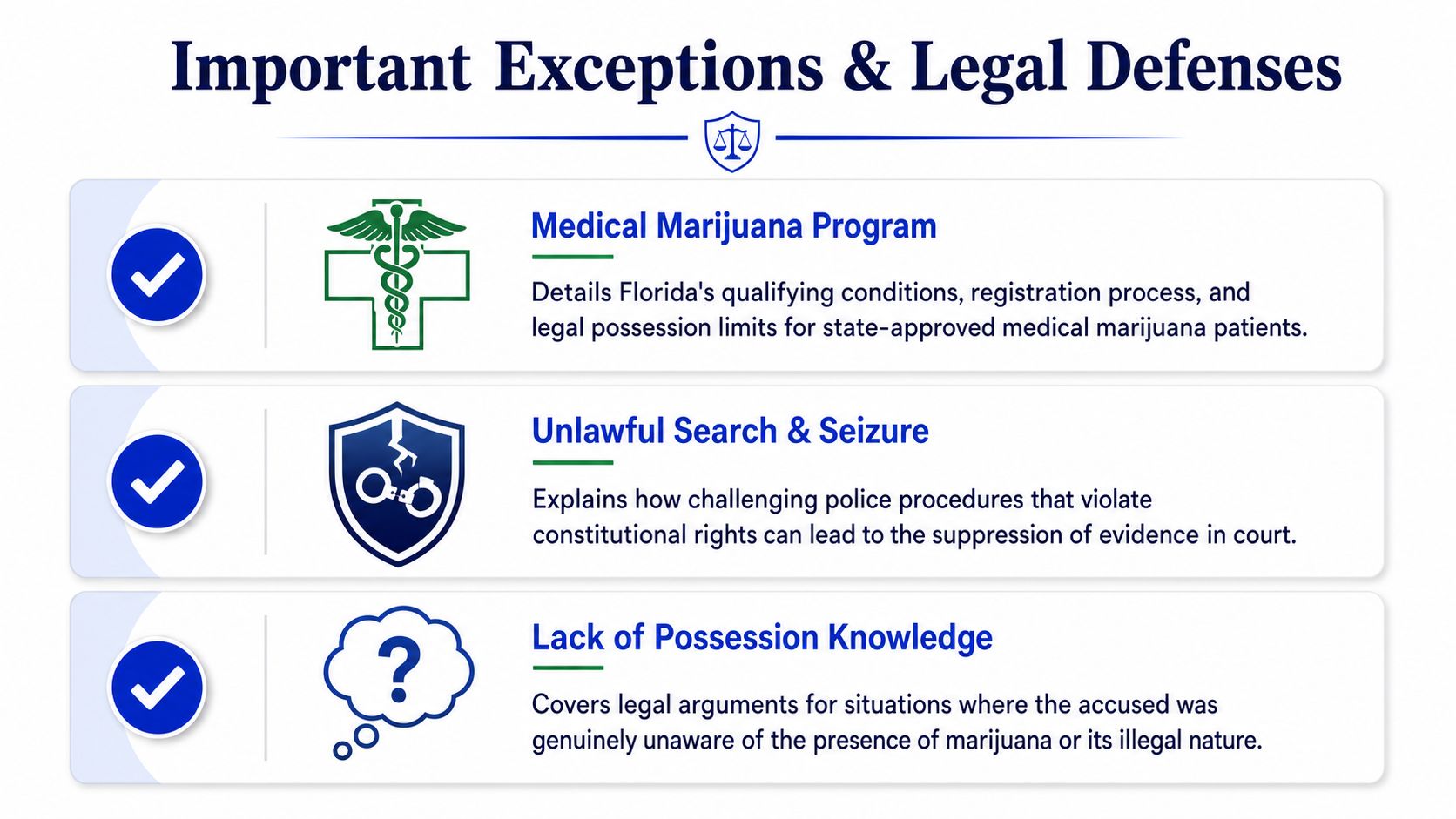 An infographic detailing Florida legal defenses for marijuana charges, including medical programs, unlawful search, and lack of knowledge.