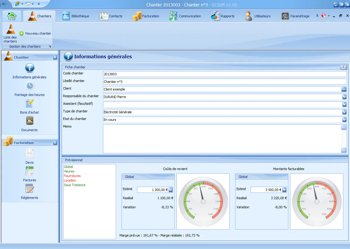 interface de GCsoft, outil de suivi de chantier désuet