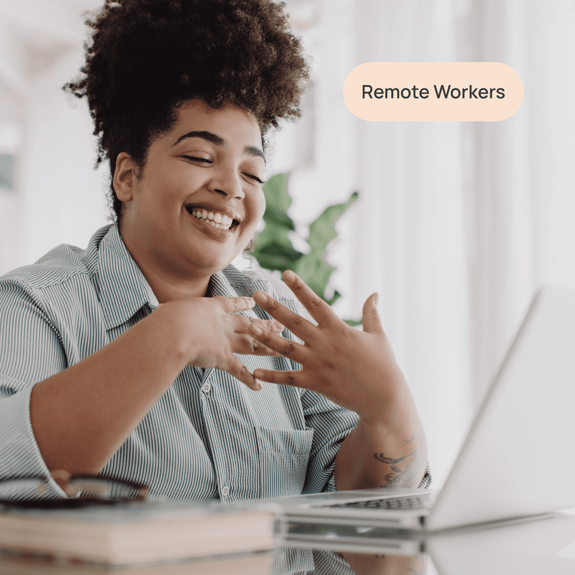 woman on a video meeting at home with label "remote workers"