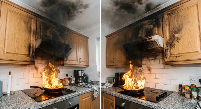 Sartén en llamas provocando un incendio en la cocina de un piso de alquiler por un despiste del inquilino.