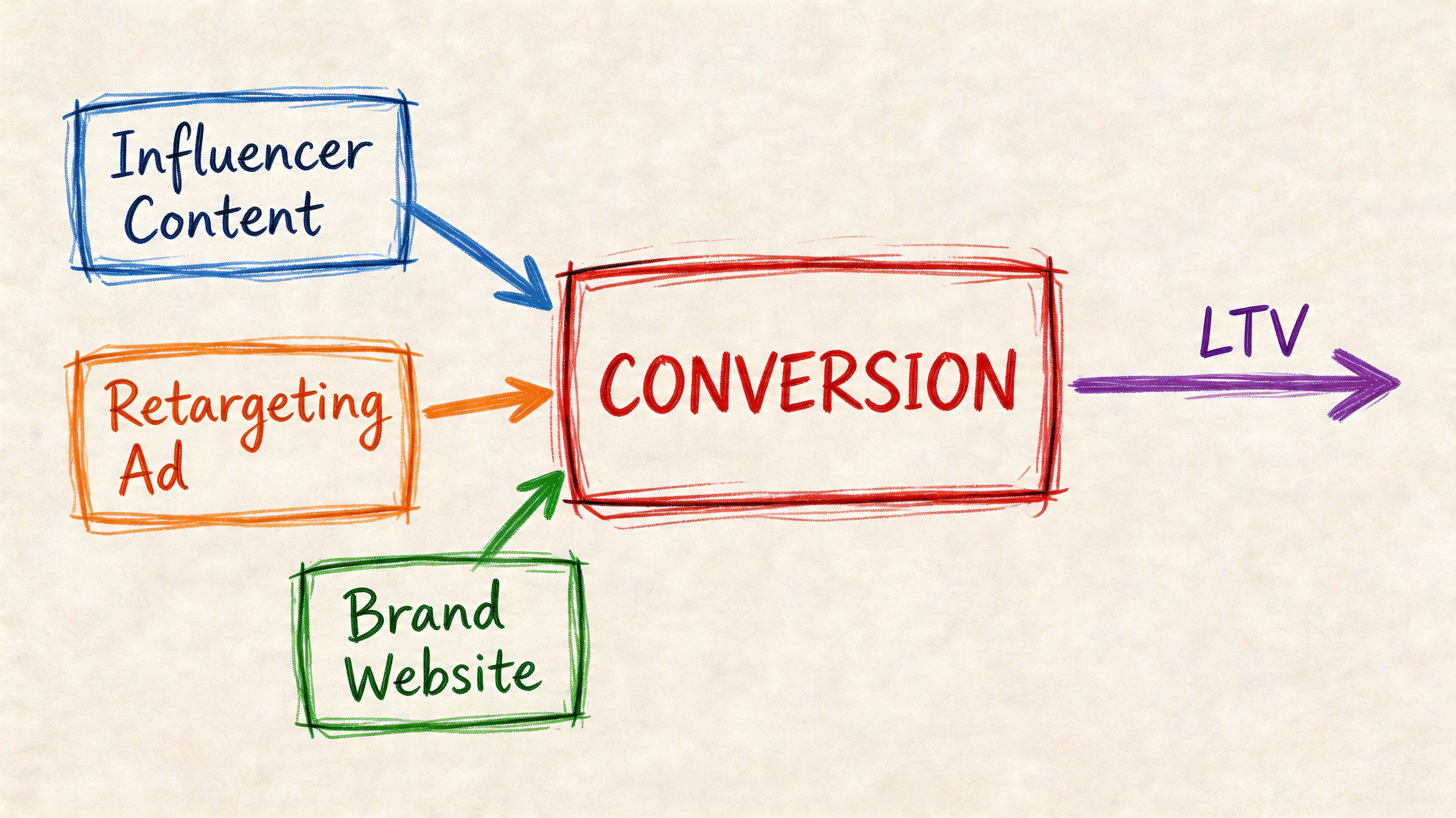 A hand-drawn diagram illustrating marketing channels like influencer content, retargeting ads, and brand websites leading to conversion and LTV.