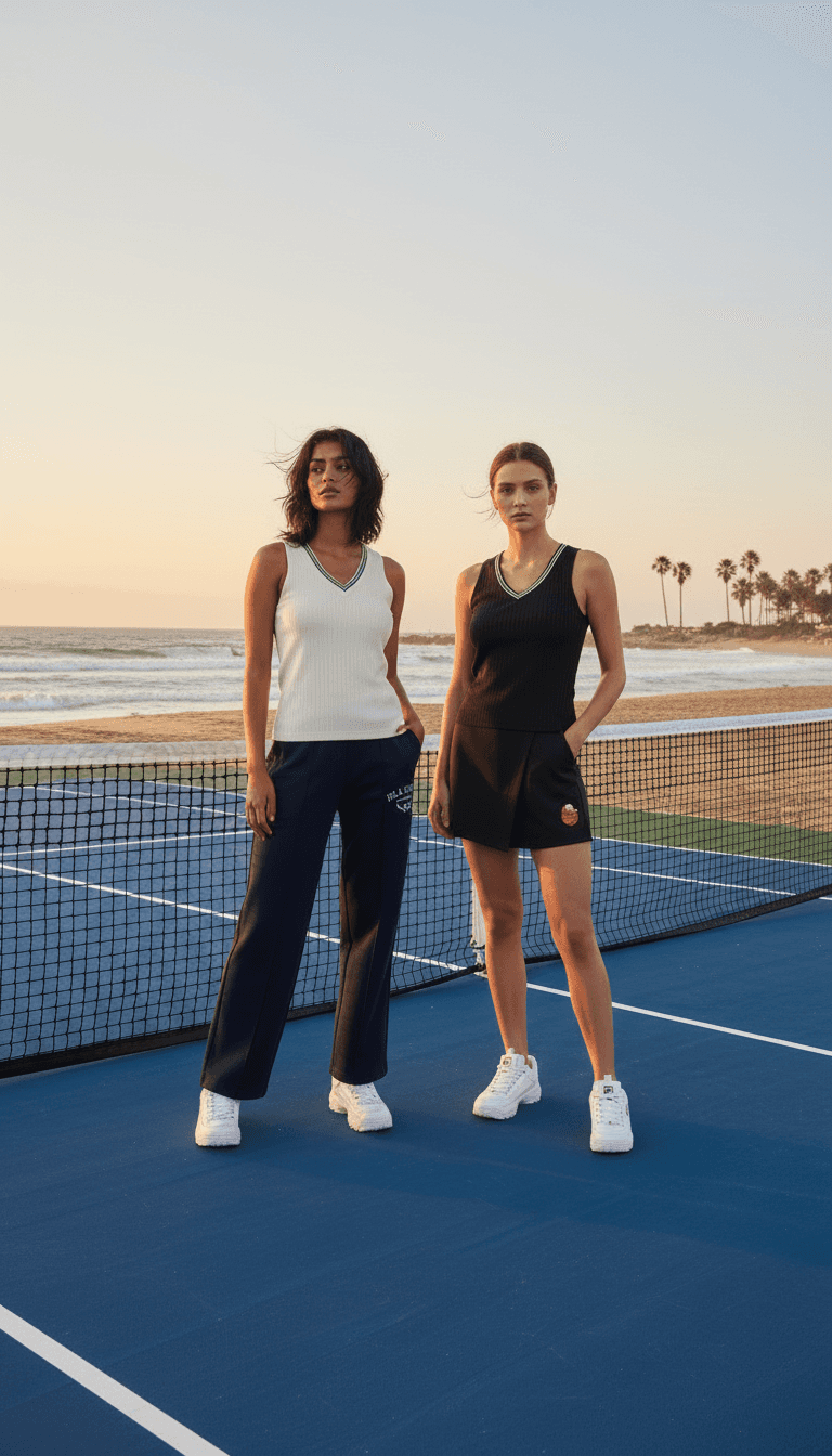  AI-generated models in coastal tennis court location — FILA Court Meets Coast campaign, AI fashion content direction
