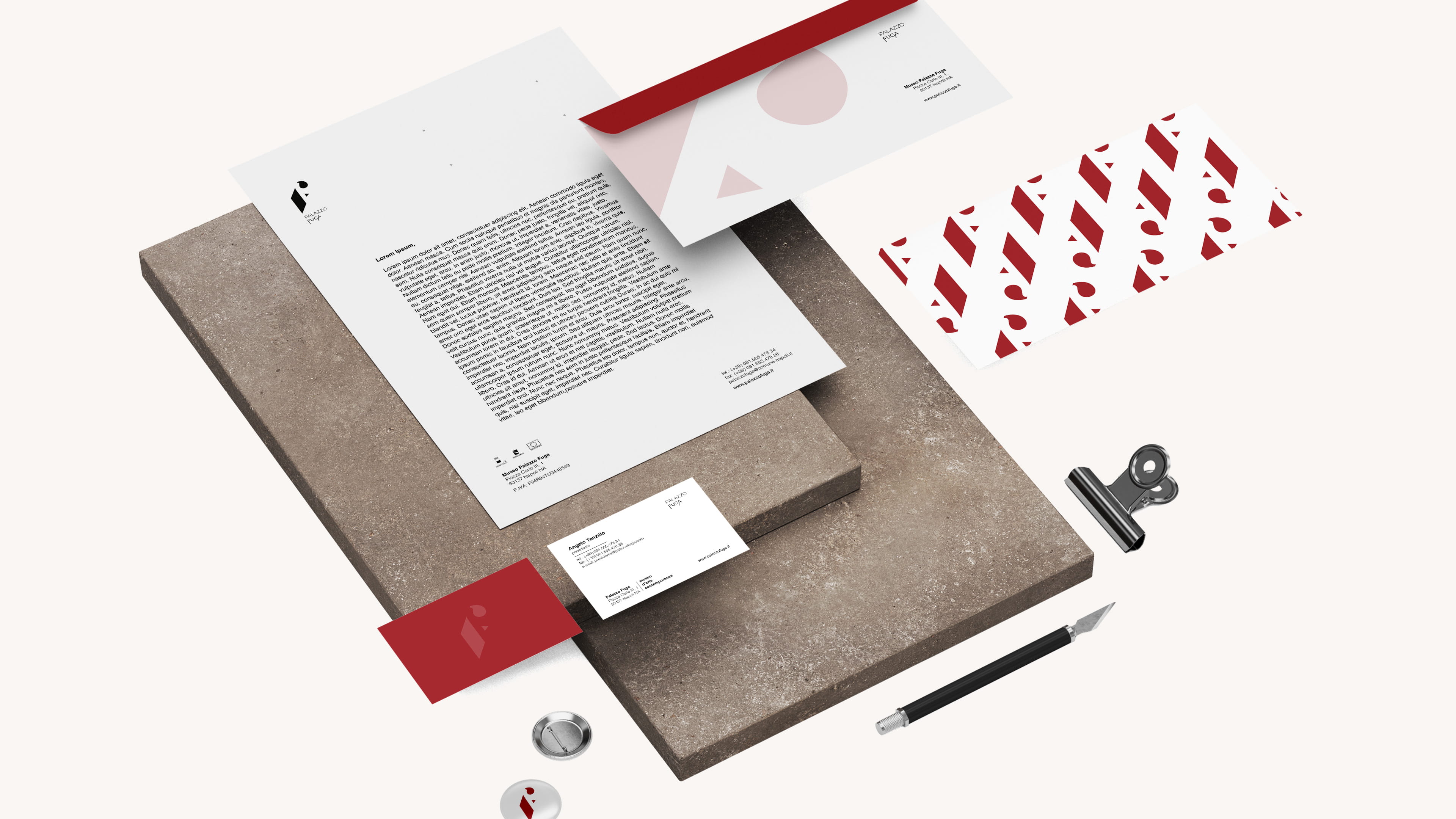 Palazzo Fuga stationery system – letterhead, envelope, business cards and pattern