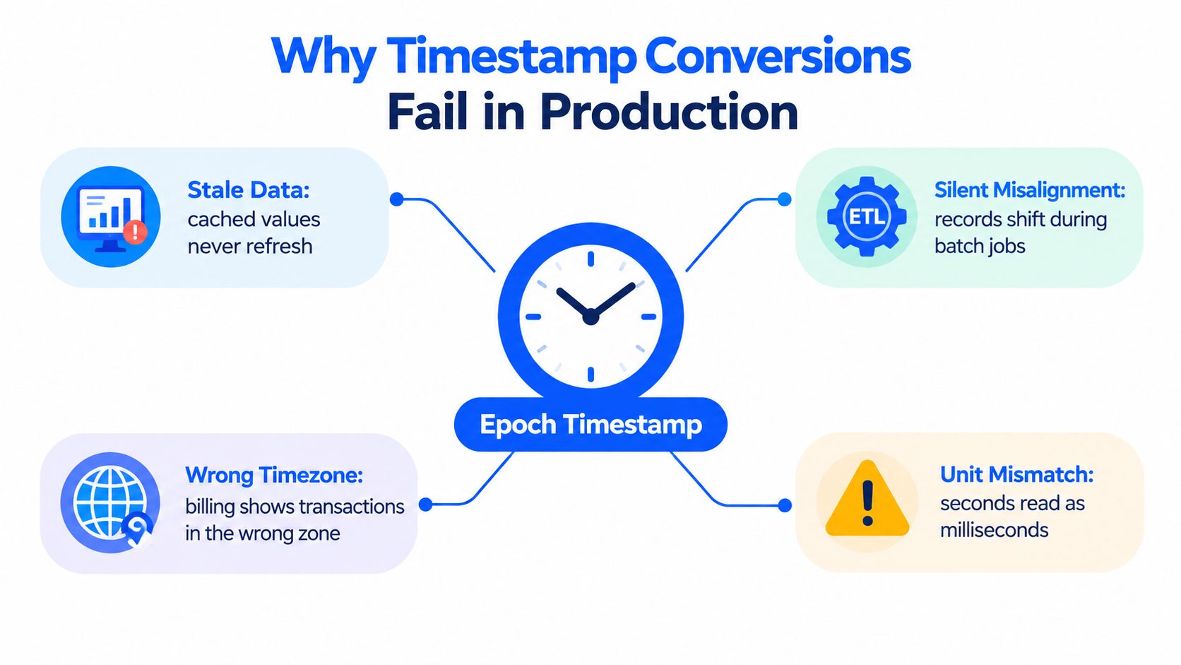 A diagram explaining why epoch timestamp conversions often fail in production environments, highlighting four common technical errors.