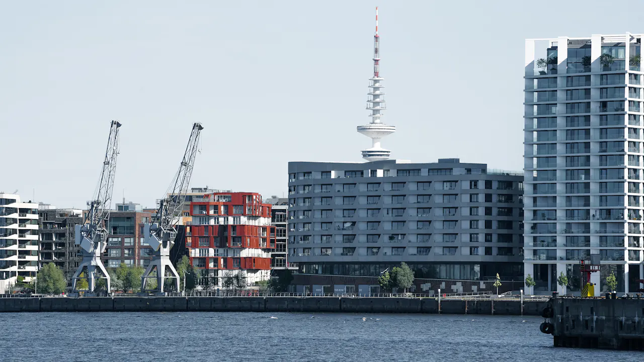 Modern apartment buildings beside a harbour