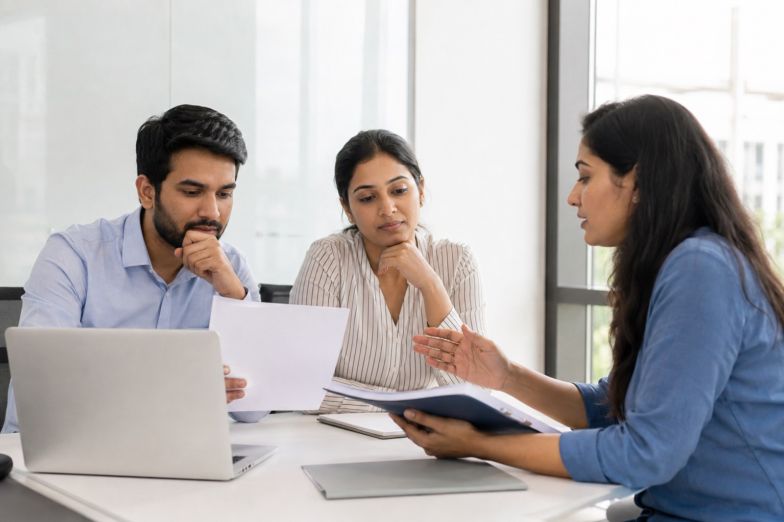 Three South Asian professionals review a practical work sample and rubric in a bright office, illustrating evidence-led capability-based hiring.