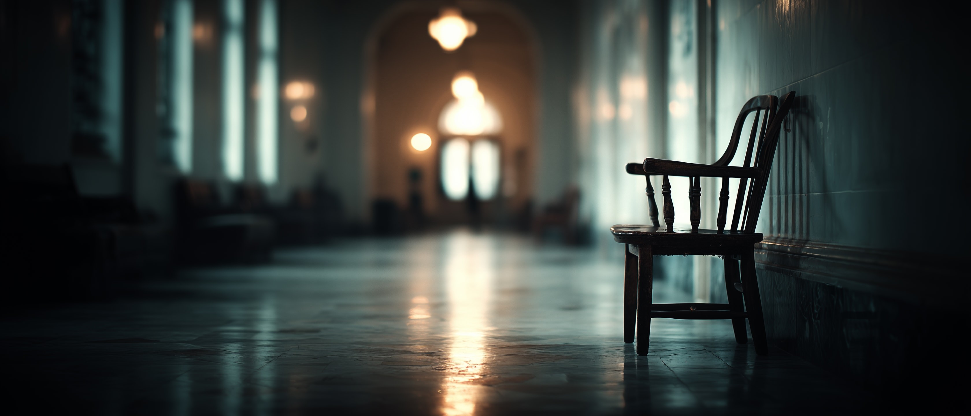 Empty institutional hallway with a single chair