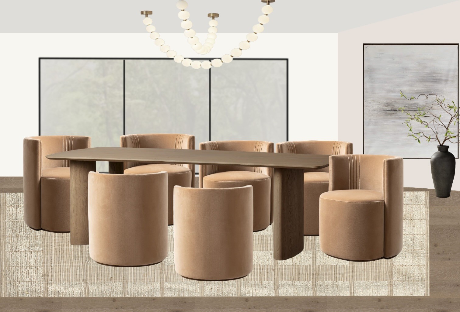 Flat interior design concept comp of a formal dining room with a long table, eight barrel chairs, beaded orb chandelier, and three windows