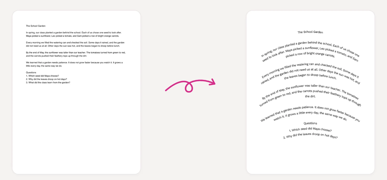 Original worksheet next to the arced version in Summerbell Lens