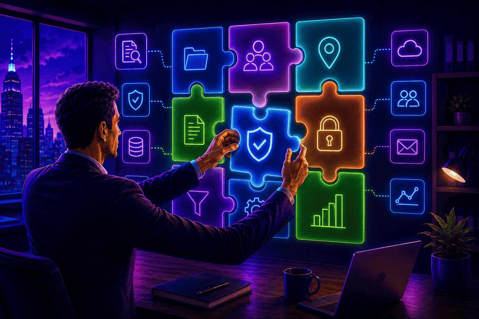 Business manager assembling a customizable DLP policy using interconnected puzzle pieces that represent security, data protection, collaboration, and business processes.