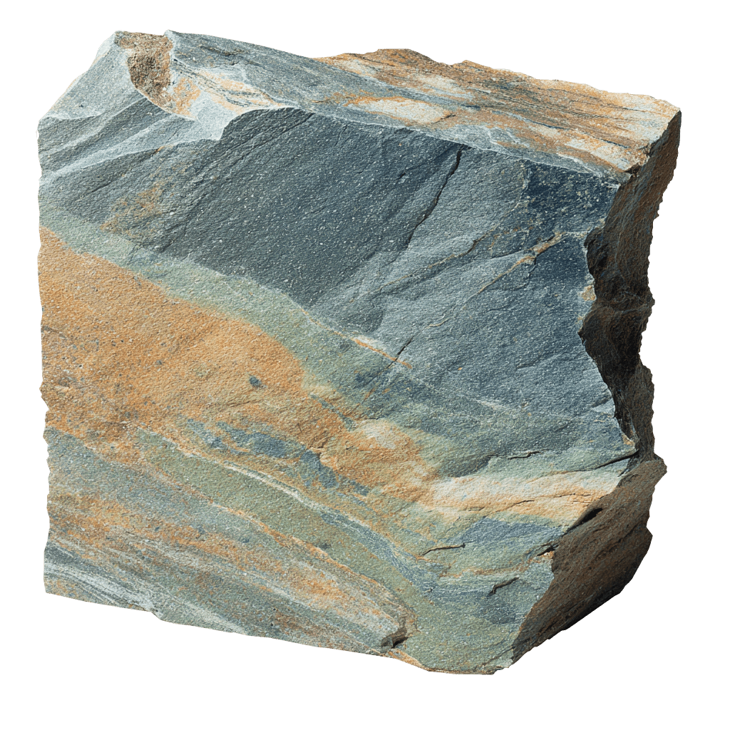 Close-up of a colorful rock sample with layered hues, showing natural textures and geological patterns.