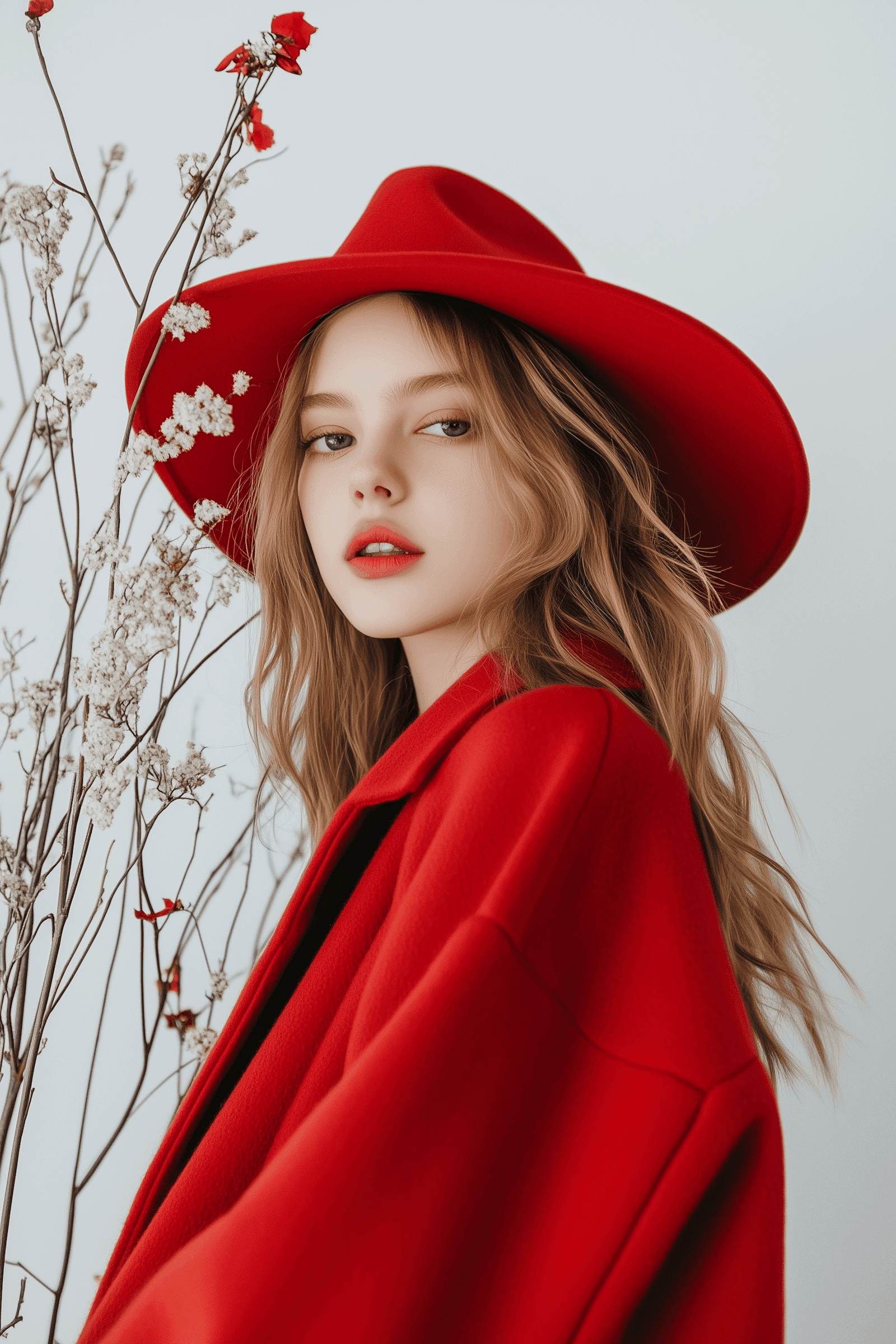 Woman in red hat posing beside neutral backdrop with soft branches