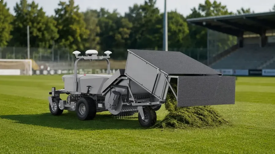 FJD RM21 Rough Ranger with a grass collecting attachment emptying clippings on turf