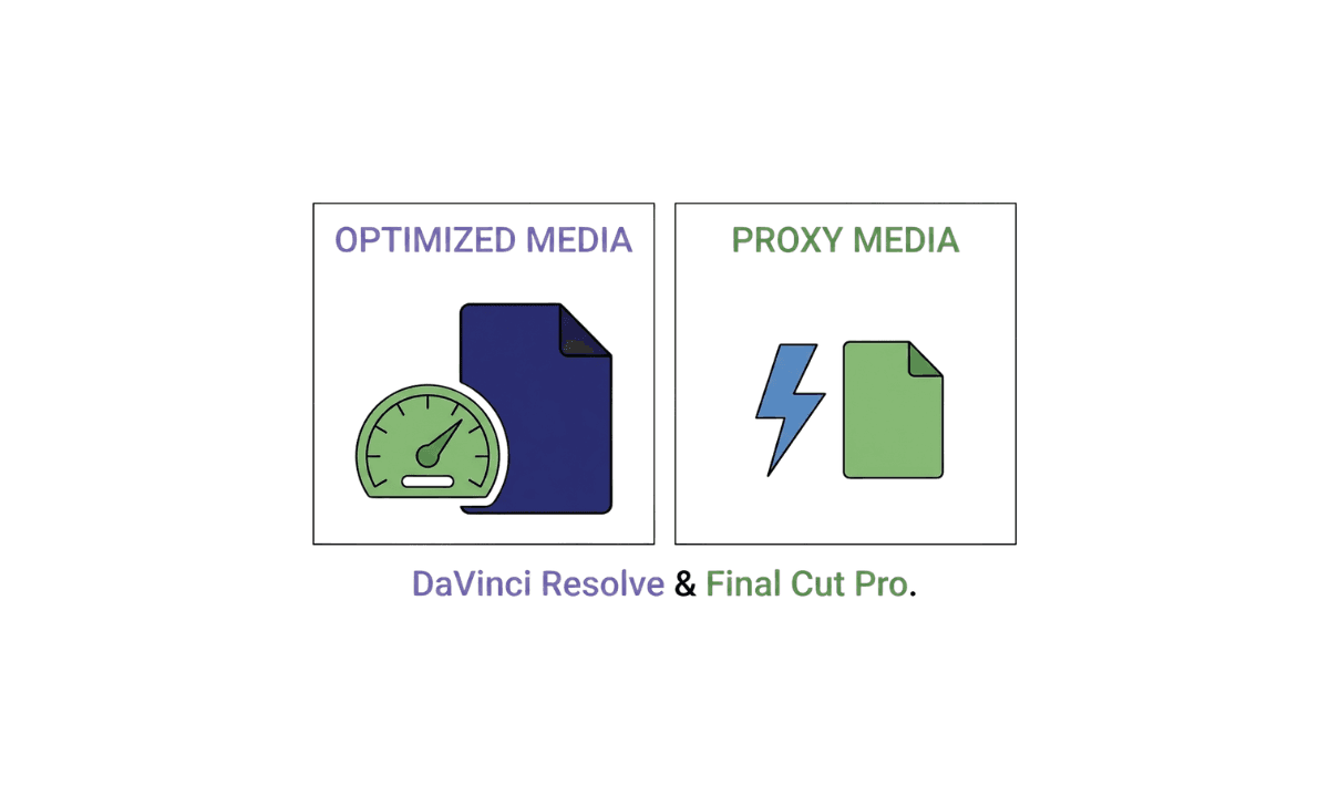 Flat illustration comparing optimized media and proxy media across DaVinci Resolve and Final Cut Pro, showing optimized media as a full-resolution transcode for performance and proxy media as a smaller, lower-resolution file for editing speed.