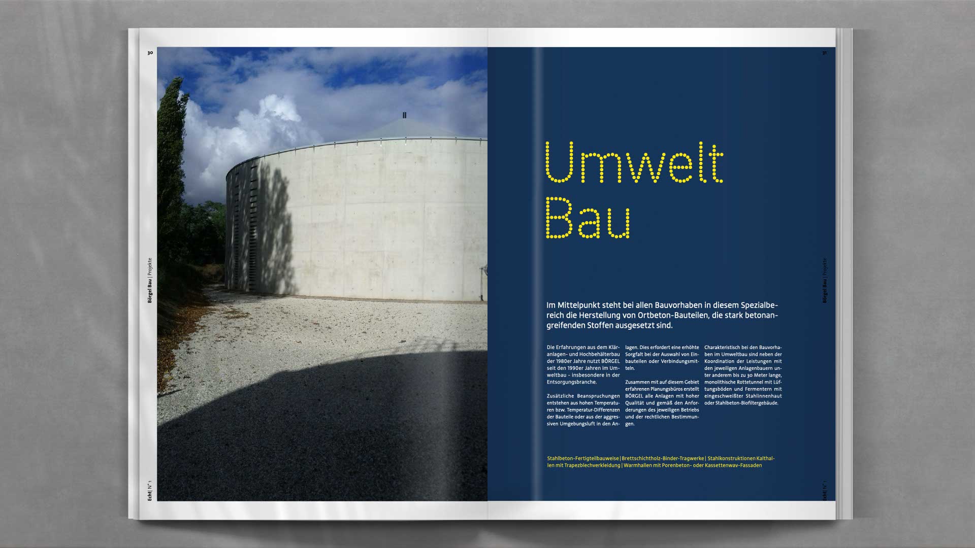 Editorial-Design-Doppelseite zum Thema Umweltbau mit Infoboxen, plakativem Bildeinsatz und typografisch sauberer Gliederung.