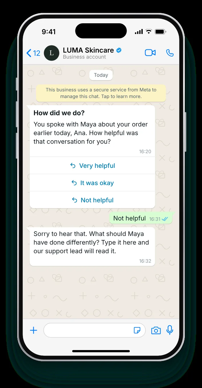 Rating the help, then asking why: WhatsApp feedback message on an iPhone