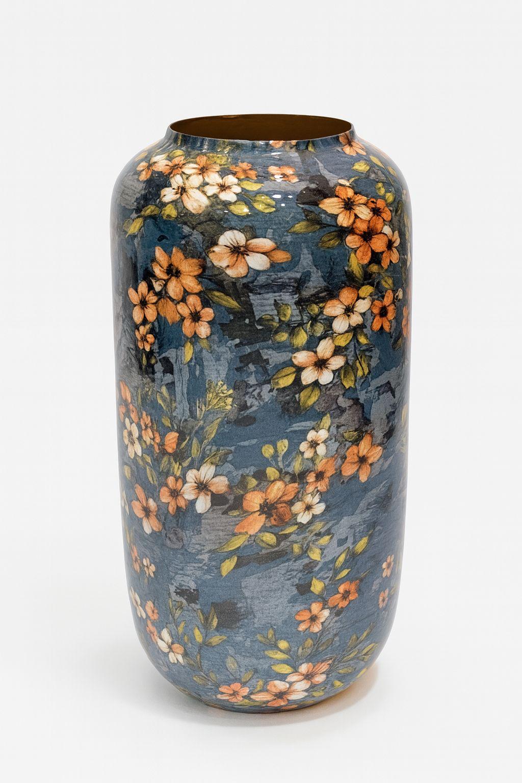 Blue floral handcrafted metal vase for home decoration