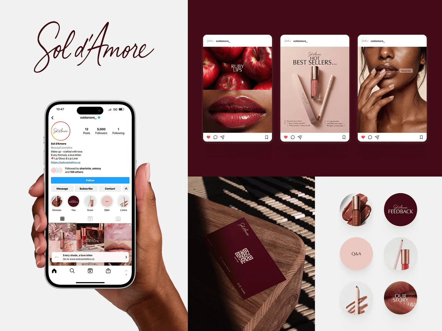 Sol d'Amore brand overview: logo, Instagram profile on a phone, three feed posts, business card and highlight covers
