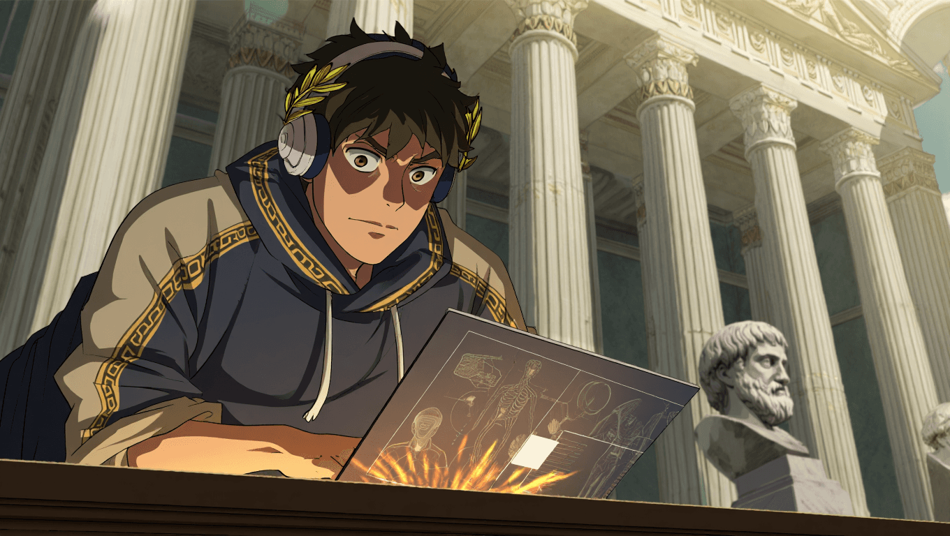 A focused medical student studying anatomy with a laptop